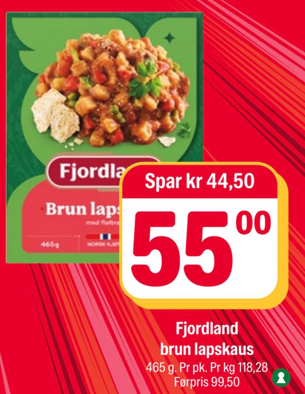 Fjordland brun lapskaus Spar kr 44,50
465 g. Pr pk. Pr kg 118,28
Førpris 99,50