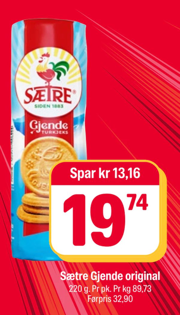 Sætre Gjende original Spar kr 13,16
220 g. Pr pk. Pr kg 89,73 Førpris 32,90