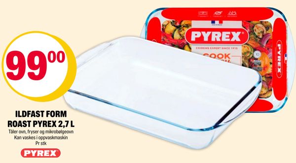 ILDFAST FORM ROAST PYREX 2,7 L Tåler ovn, fryser og mikrobølgeovn Kan vaskes i oppvaskmaskin Pr stk
