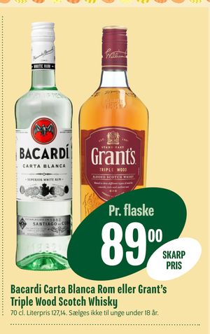 Bacardi Carta Blanca Rom eller Grant’s Triple Wood Scotch Whisky
