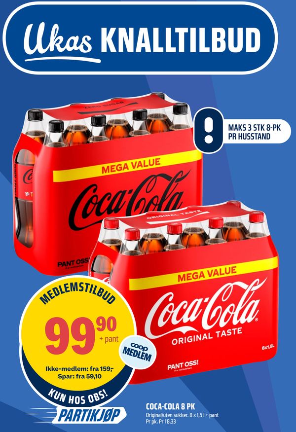 COCA-COLA 8 PK Original/uten sukker. 8 x 1,5 l + pant Pr pk. Pr l 8,33