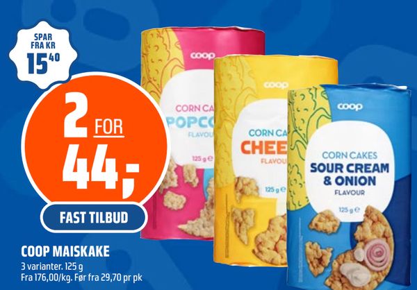 COOP MAISKAKE 3 varianter. 125 g Fra 176,00/kg. Før fra 29,70 pr pk
FAST TILBUD