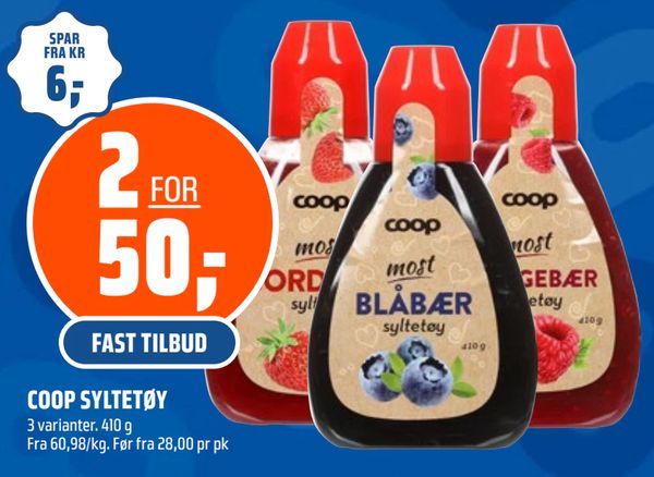 COOP SYLTETØY 3 varianter. 410 g Fra 60,98/kg. Før fra 28,00 pr pk