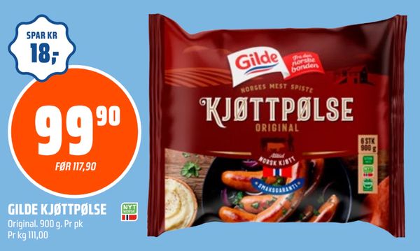 GILDE KJØTTPØLSE Original. 900 g. Pr pk Pr kg 111,00