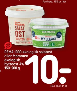 REMA 1000 økologisk salatost eller Mammen økologisk hytteost 4% 150-200 g