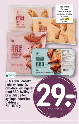 REMA 1000 danske hele kyllingelår, ovnklare kyllingelår med BBQ, kyllingebrystfilet eller kyllingeinderfilet Dybfrost 700-1500 g
