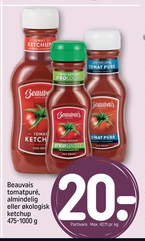 Beauvais tomatpuré, almindelig eller økologisk ketchup 475-1000 g