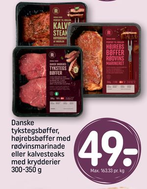 Danske tykstegsbøffer, højrebsbøffer med rødvinsmarinade eller kalvesteaks med krydderier 300-350 g