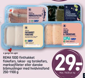 REMA 1000 finthakket fiskefars, lakse- og torskefars, mørksejfileter eller danske blåmuslinger med hvidvinsfond 250-1100 g