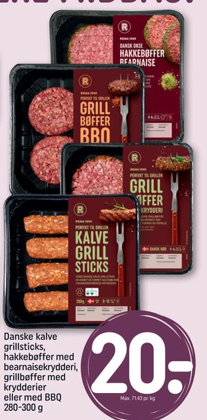 Danske kalve grillsticks, hakkebøffer med bearnaisekrydderi, grillbøffer med krydderier eller med BBQ