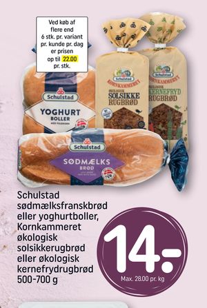 Schulstad sødmælksfranskbrød eller yoghurtboller, Kornkammeret økologisk solsikkerugbrød eller økologisk kernefrydrugbrød
