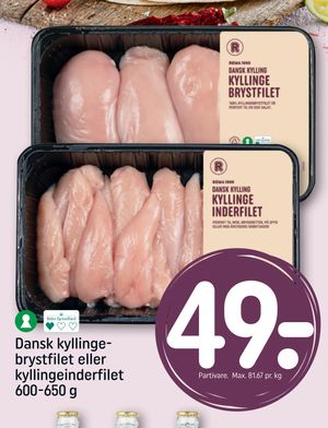 Dansk kyllingebrystfilet eller kyllingeinderfilet 600-650 g