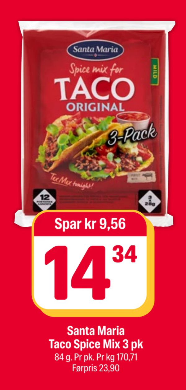 Santa Maria Taco Spice Mix 3 pk 84 g. Pr pk. Pr kg 170,71 Førpris 23,90
