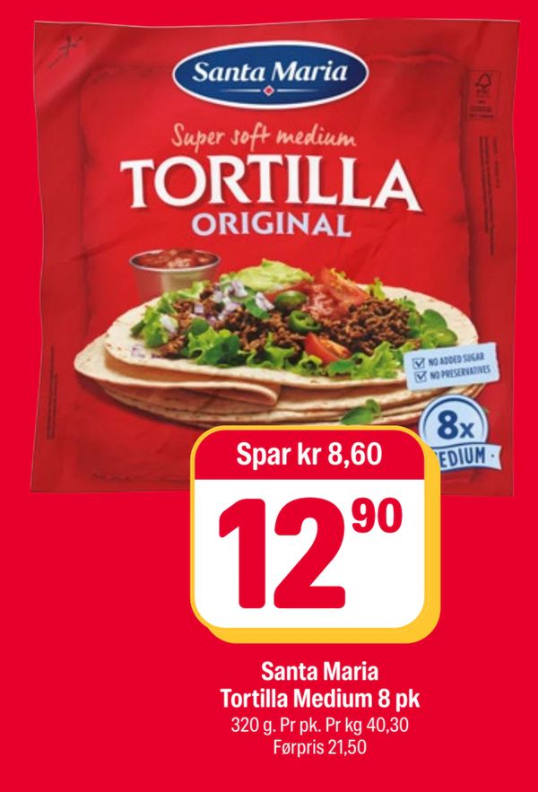 Santa Maria Tortilla Medium 8 pk 320 g. Pr pk. Pr kg 40,30 Førpris 21,50