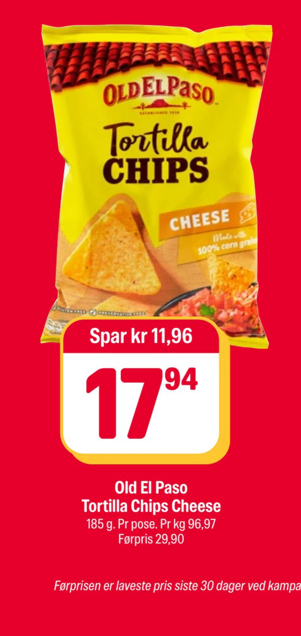 Old El Paso Tortilla Chips Cheese Spar kr 11,96 17,94 185 g. Pr pose. Pr kg 96,97 Førpris 29,90 CHEESE Made with 100% corn grain