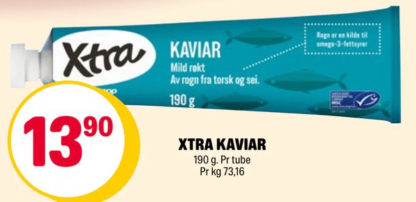 XTRA KAVIAR 190 g. Pr tube Pr kg 73,16 Mild røkt Av rogn fra torsk og sei. 190 g Rogn er en kilde til omega-3-fettsyrer