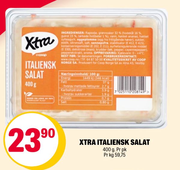 XTRA ITALIENSK SALAT 400 g. Pr pk Pr kg 59,75 ITALIENSK SALAT 400 g INGREDIENSER: Rapsolje, grønnsaker 32 % (hodekål 16 %, gulrot 15 %, tørkede hvitbøter 1 %), vann, hakket ananas, hakket sylteagurk, eggeplomme (egg fra frittgående høner), sukker, eddik, sitronsaft, salt, sennepsfrø, stabilisator (E 412, E 415), konserveringsmiddel (E 202, E 211), surhetsregulerende middel (E 330), dekstrose (mais), krydder (løk, pepper, cayennepepper), pepperekstrakt, aroma. OPPBEVARING: Kjølevare: 0 - +4 °C. BEST FØR: Se datomerkingen. FORBRUKERKONTAKT: www.coop.no / Tlf: 64 87 50 00 KVALITETSSIKRET AV COOP NORGE SA. Produsert for Coop Norge SA av Alna AS, Vestby. Næringsinnhold/100 g: Energi 1449 kJ (346 kcal) Fett 37 g - hvorav mettede fettsyrer 2,7 g Karbohydrater 3,9 g - hvorav sukkerarter 1,9 g Protein 0,7 g Salt 0,80 g