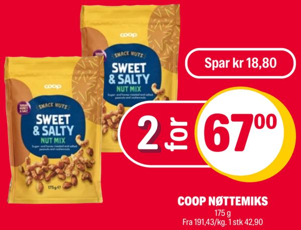 COOP NØTTEMIKS 175 g Fra 191,43/kg. 1 stk 42,90 Spar kr 18,80 2 for 67,00 Plukk & miks