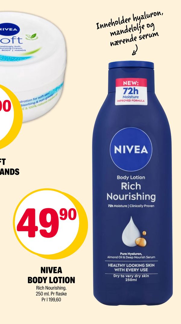 NIVEA BODY LOTION Rich Nourishing. 250 ml. Pr flaske Pr l 199,60 Inneholder hyaluron, mandelolje og nærende serum