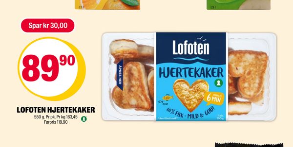 LOFOTEN HJERTEKAKER 550 g. Pr pk. Pr kg 163,45
Førpris 119,90