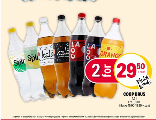 COOP BRUS 1,5 l Fra 9,83/l. 1 flaske 15,90-18,90 + pant
