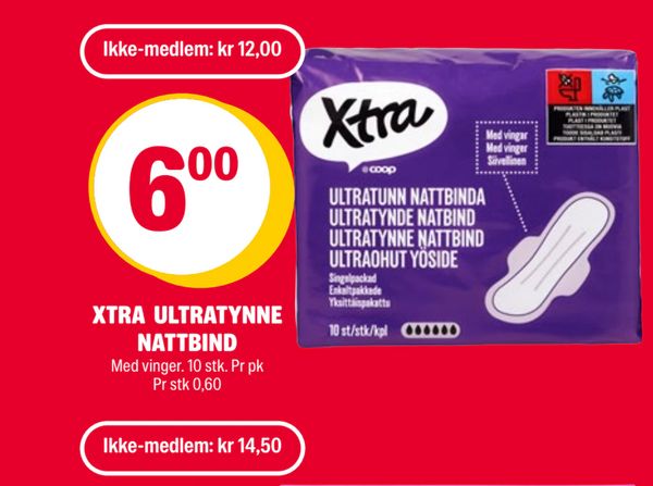 XTRA ULTRATYNNE NATTBIND Med vinger. 10 stk. Pr pk Pr stk 0,60 Ikke-medlem: kr 12,00