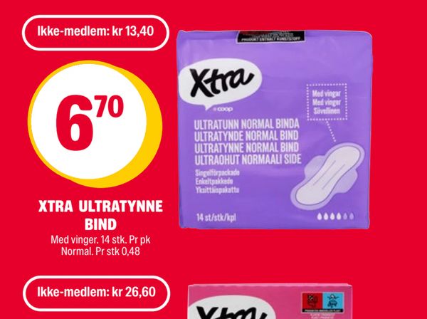 XTRA ULTRATYNNE BIND Med vinger. 14 stk. Pr pk Normal. Pr stk 0,48 Ikke-medlem: kr 13,40