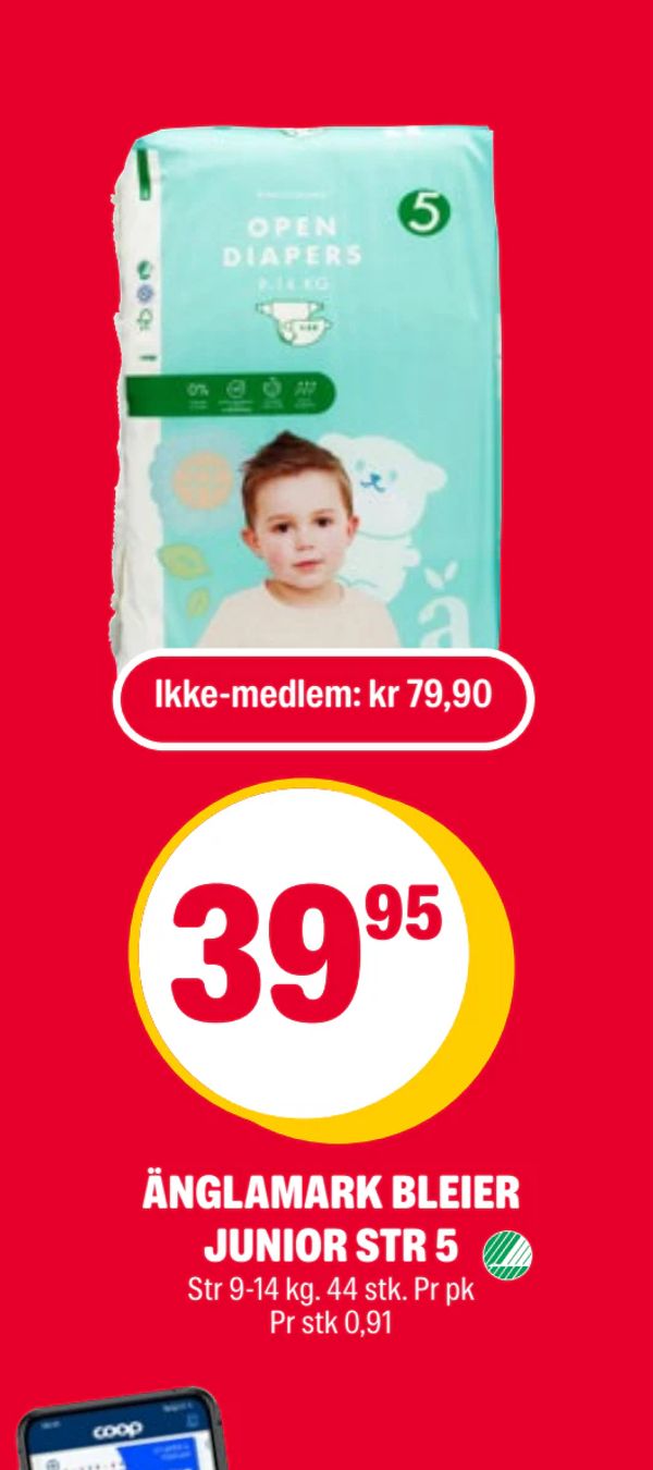 ÄNGLAMARK BLEIER JUNIOR STR 5 Ikke-medlem: kr 79,90 Str 9-14 kg. 44 stk. Pr pk Pr stk 0,91