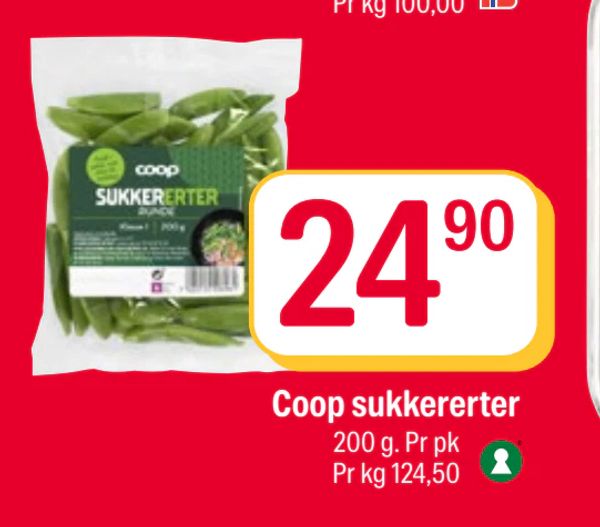 Coop sukkererter 200 g. Pr pk Pr kg 124,50