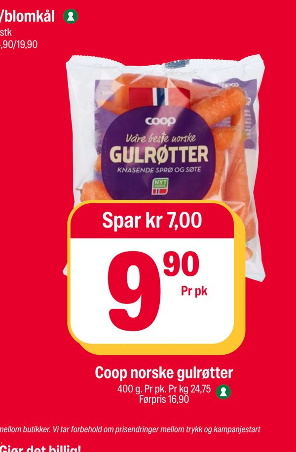 Coop norske gulrøtter Spar kr 7,00 9,90 Pr pk 400 g. Pr pk. Pr kg 24,75 Førpris 16,90