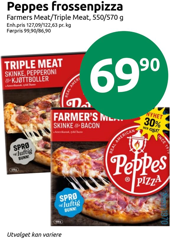 Peppes frossenpizza Farmers Meat/Triple Meat, 550/570 g
Enh.pris 127,09/122,63 pr. kg
Førpris 99,90/86,90
Utvalget kan variere