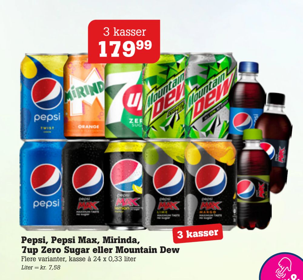 Tilbud på Pepsi, Pepsi Max, Mirinda, 7up Zero Sugar eller Mountain Dew fra Poetzsch Padborg til 179,99 kr.
