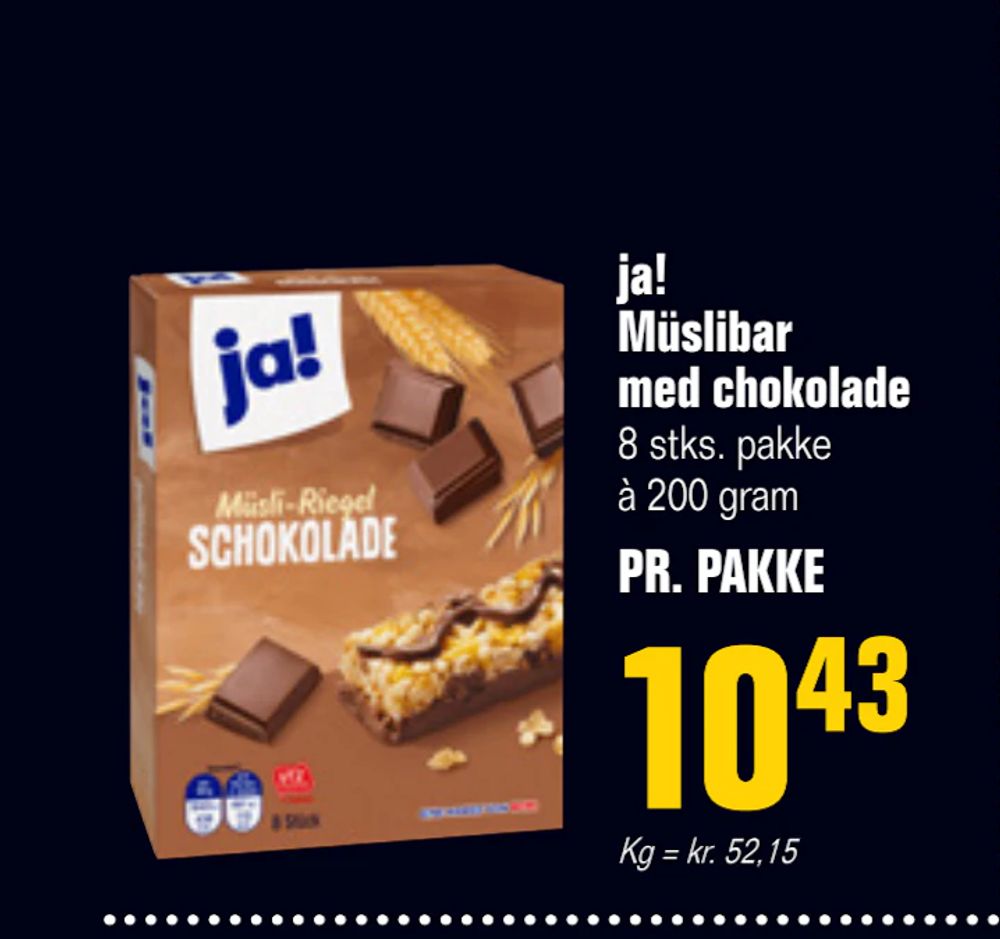 Tilbud på ja! Müslibar med chokolade fra Poetzsch Padborg til 10,43 kr.