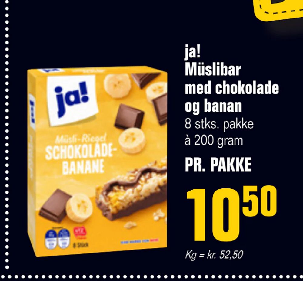 Tilbud på ja! Müslibar med chokolade og banan fra Poetzsch Padborg til 10,50 kr.