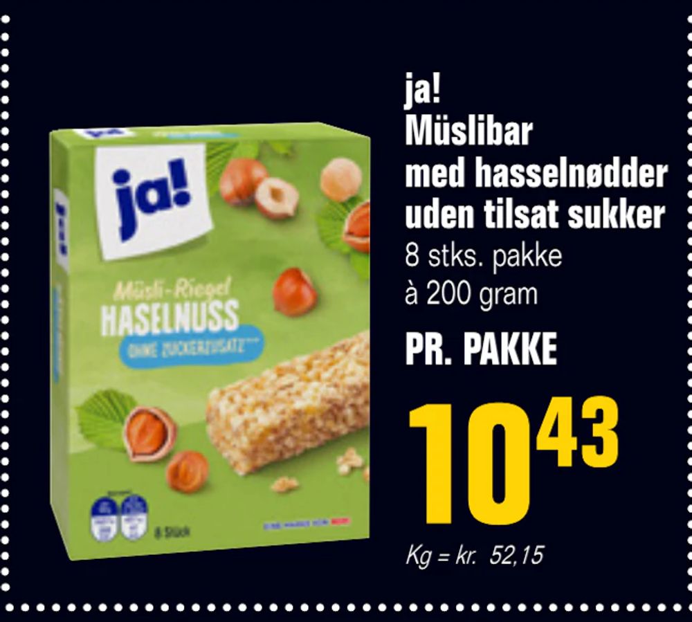 Tilbud på ja! Müslibar med hasselnødder uden tilsat sukker fra Poetzsch Padborg til 10,43 kr.