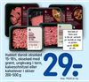 Hakket dansk oksekød 15-18%, oksekød med grønt, ungkvæg i tern, kalveschnitzel eller kalvelever i skiver 200-500 g