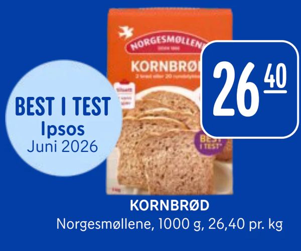 KORNBRØD BEST I TEST Ipsos Juni 2026
Norgesmøllene, 1000 g, 26,40 pr. kg