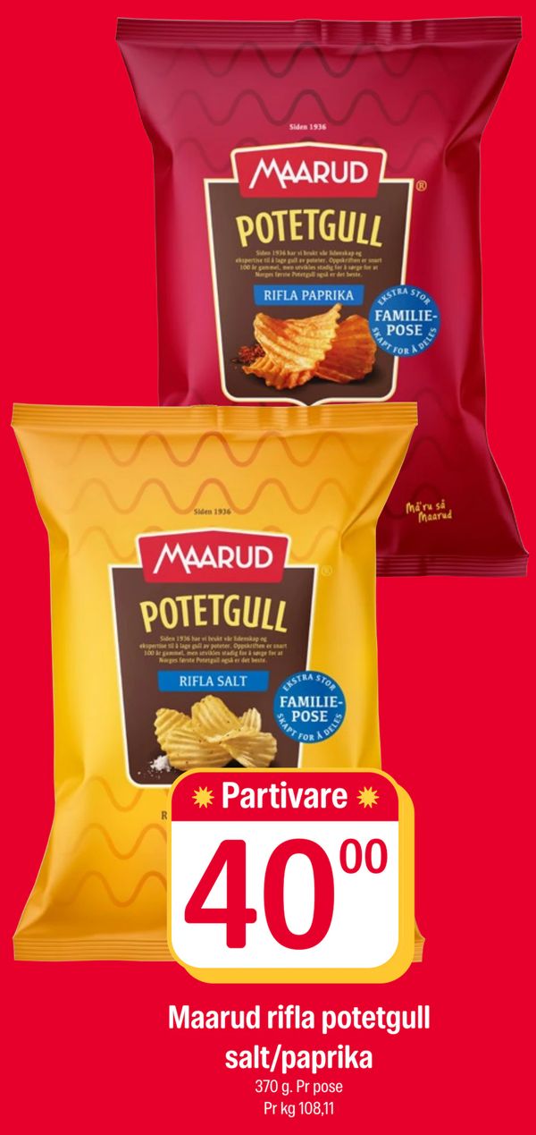 Maarud rifla potetgull salt/paprika 370 g. Pr pose Pr kg 108,11