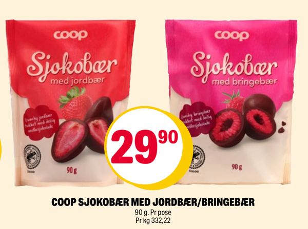 COOP SJOKOBÆR MED JORDBÆR/BRINGEBÆR 90 g. Pr pose Pr kg 332,22