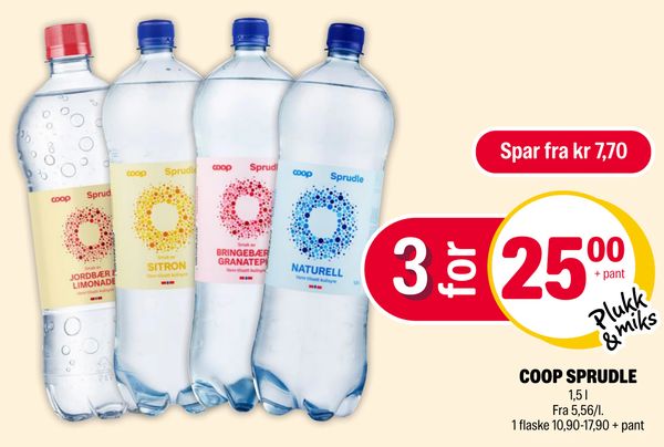 COOP SPRUDLE Spar fra kr 7,70
+ pant
Plukk & miks
1,5 l
Fra 5,56/l.
1 flaske 10,90-17,90 + pant
