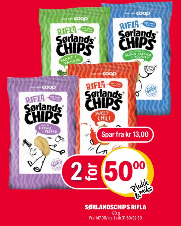 SØRLANDSCHIPS RIFLA 170 g Fra 147,06/kg. 1 stk 31,50/32,50
Spar fra kr 13,00