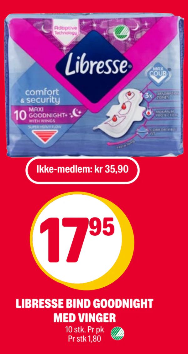 LIBRESSE BIND GOODNIGHT MED VINGER Ikke-medlem: kr 35,90 10 stk. Pr pk Pr stk 1,80