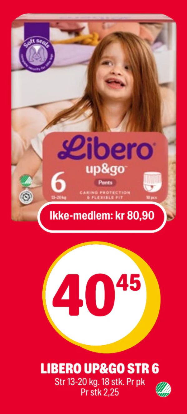 LIBERO UP&GO STR 6 Str 13-20 kg. 18 stk. Pr pk Pr stk 2,25 Ikke-medlem: kr 80,90