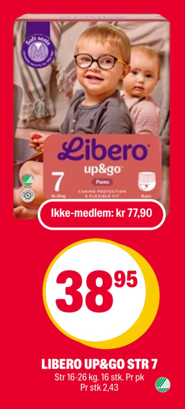 LIBERO UP&GO STR 7 Str 16-26 kg. 16 stk. Pr pk Pr stk 2,43 Ikke-medlem: kr 77,90