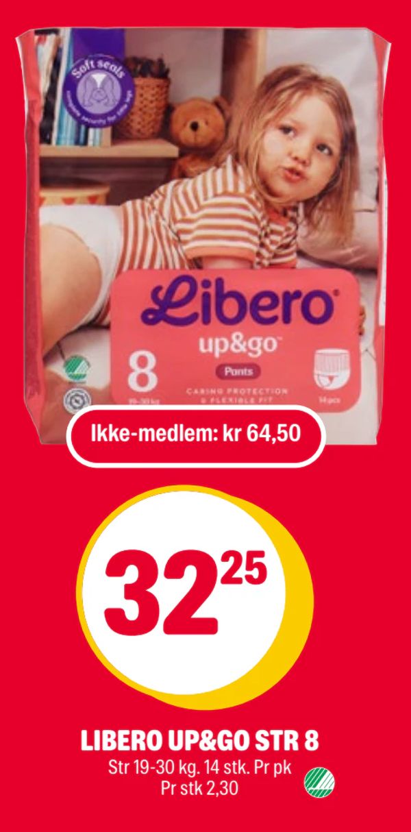 LIBERO UP&GO STR 8 Str 19-30 kg. 14 stk. Pr pk Pr stk 2,30 Ikke-medlem: kr 64,50