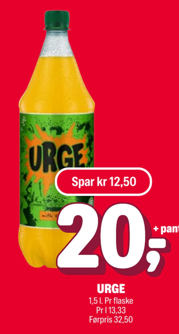 URGE 1,5 l. Pr flaske Pr l 13,33 Førpris 32,50 + pant Spar kr 12,50