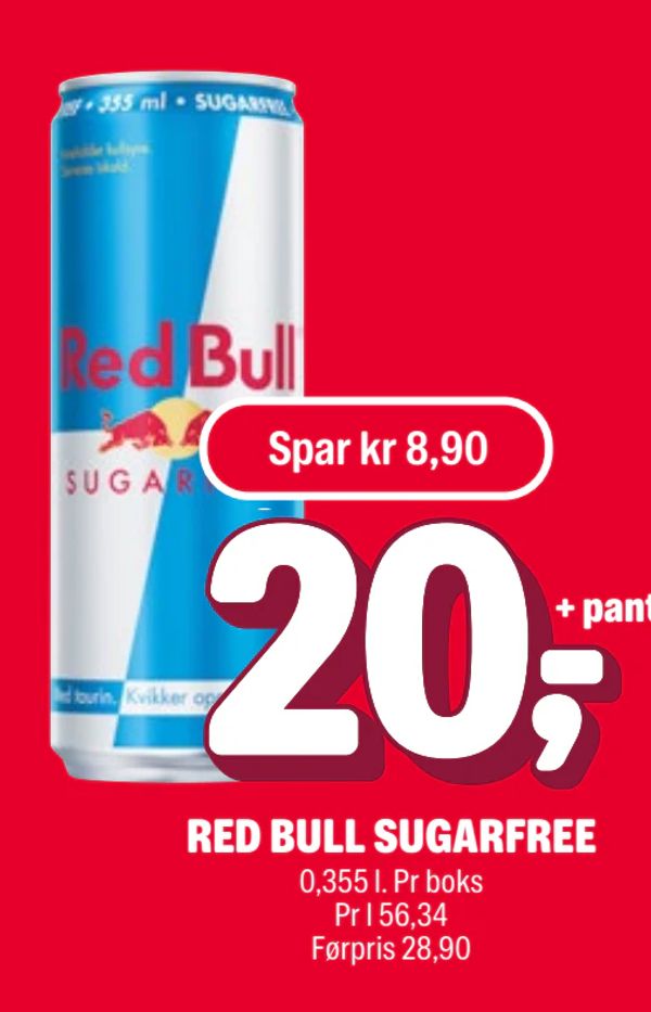RED BULL SUGARFREE 0,355 l. Pr boks Pr l 56,34 Førpris 28,90 + pant Spar kr 8,90
