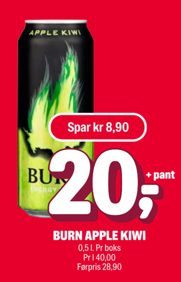 BURN APPLE KIWI 0,5 l. Pr boks Pr l 40,00 Førpris 28,90 + pant Spar kr 8,90