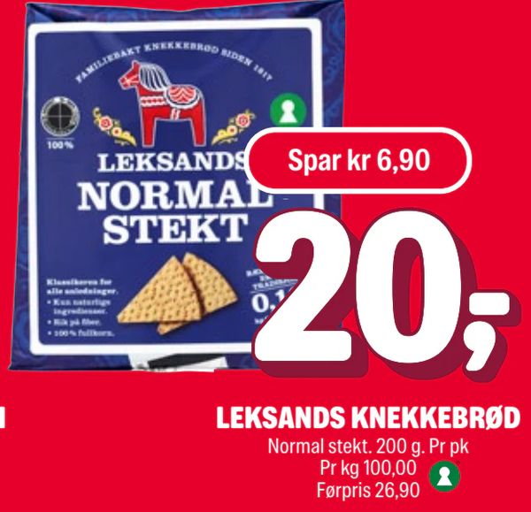 LEKSANDS KNEKKEBRØD Normal stekt. 200 g. Pr pk Pr kg 100,00 Førpris 26,90