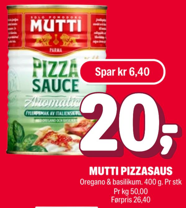 MUTTI PIZZASAUS Oregano & basilikum. 400 g. Pr stk Pr kg 50,00 Førpris 26,40